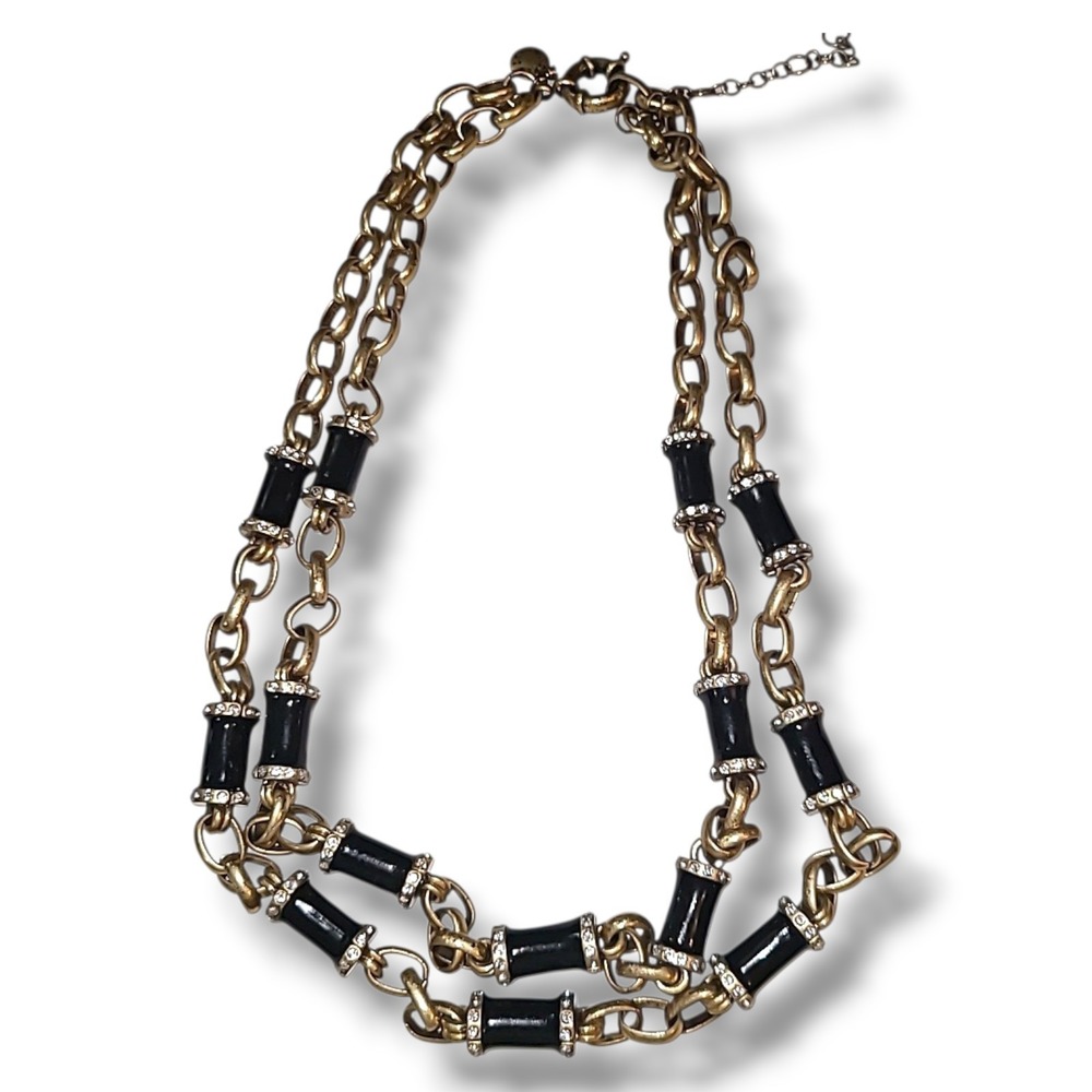 J. Crew‎ Rhinestone Black Enamel Three Link Double Strand Necklace Gold Tone
